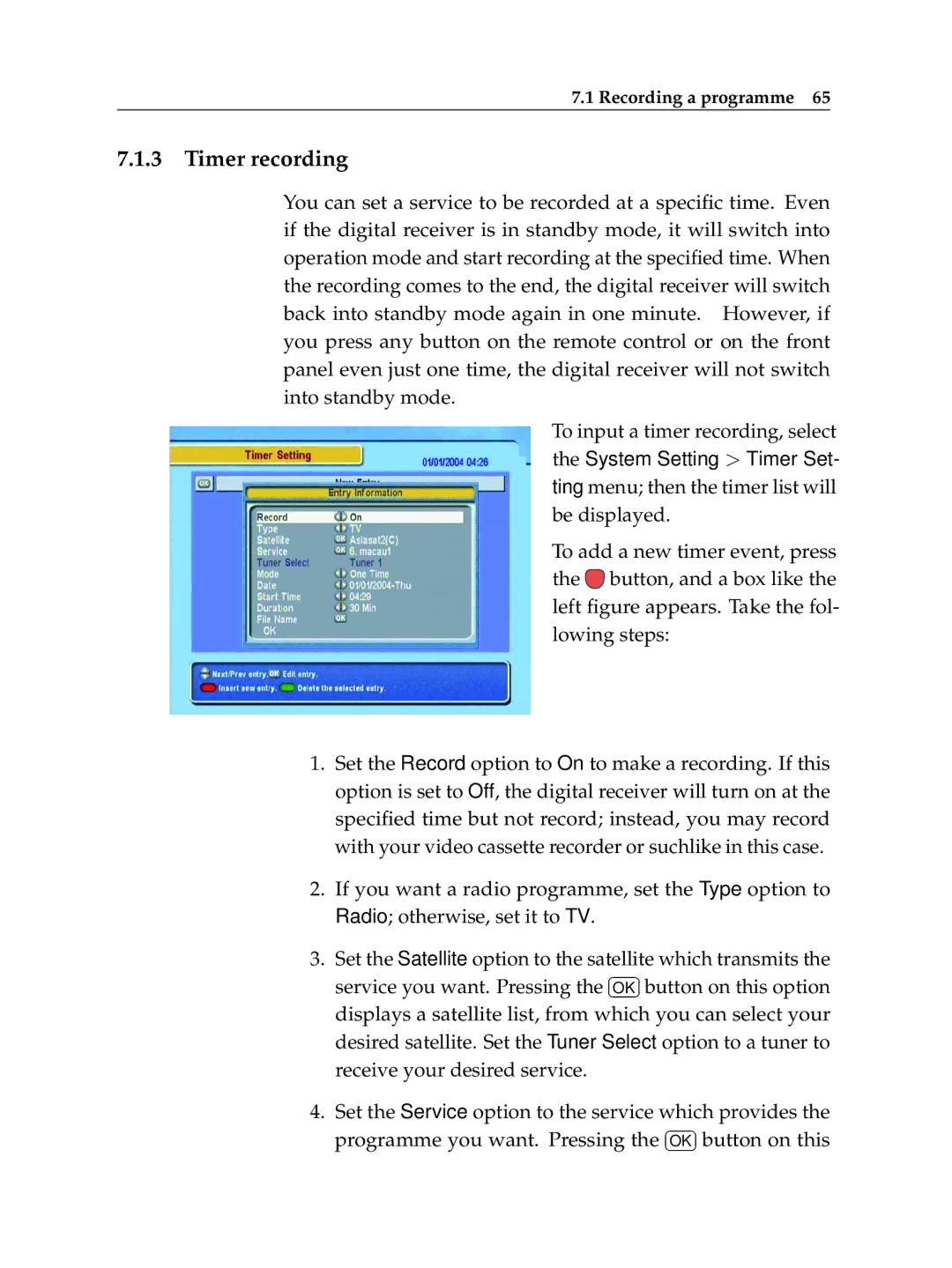 Topfield TF 5010 PVR, TF 5510 PVR manual Timer recording 