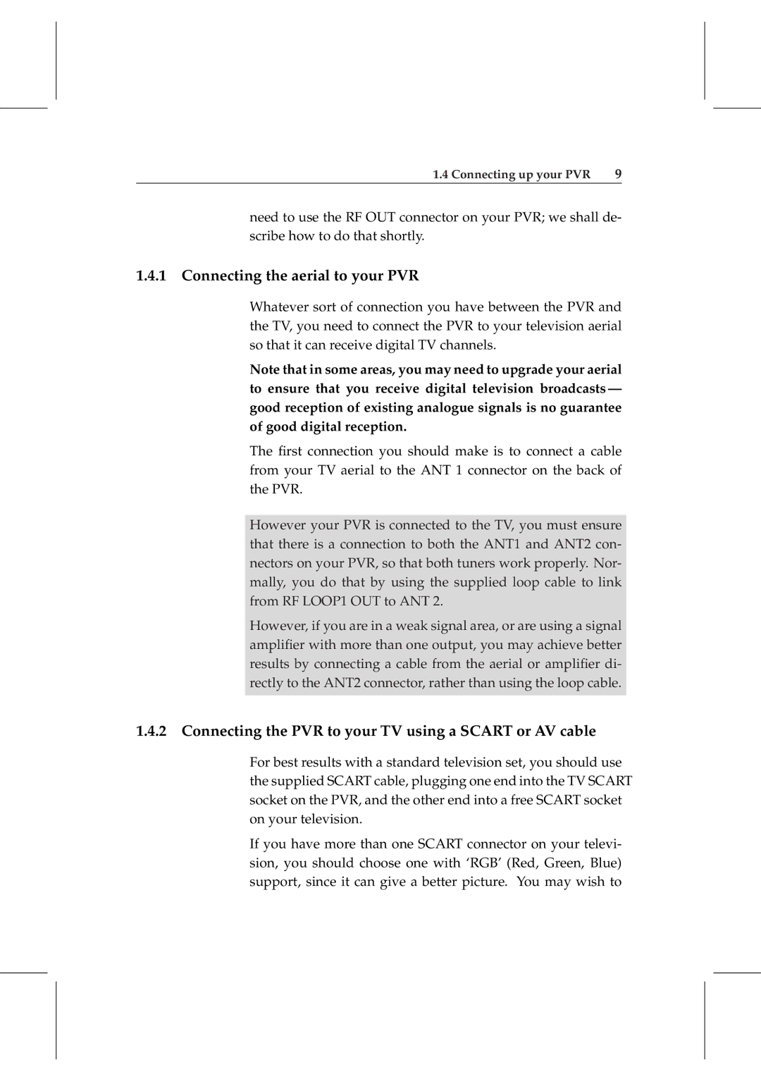 Topfield TF 5800 PVR user manual Connecting the aerial to your PVR, Connecting the PVR to your TV using a Scart or AV cable 