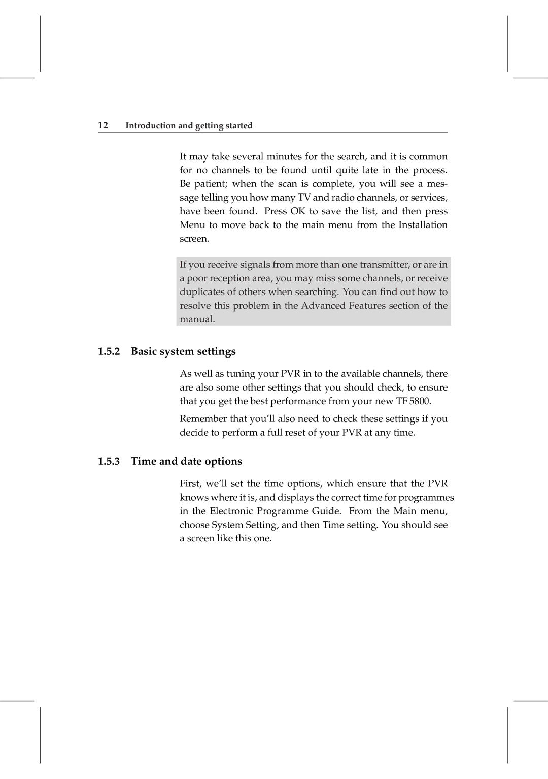 Topfield TF 5800 PVR user manual Basic system settings, Time and date options 