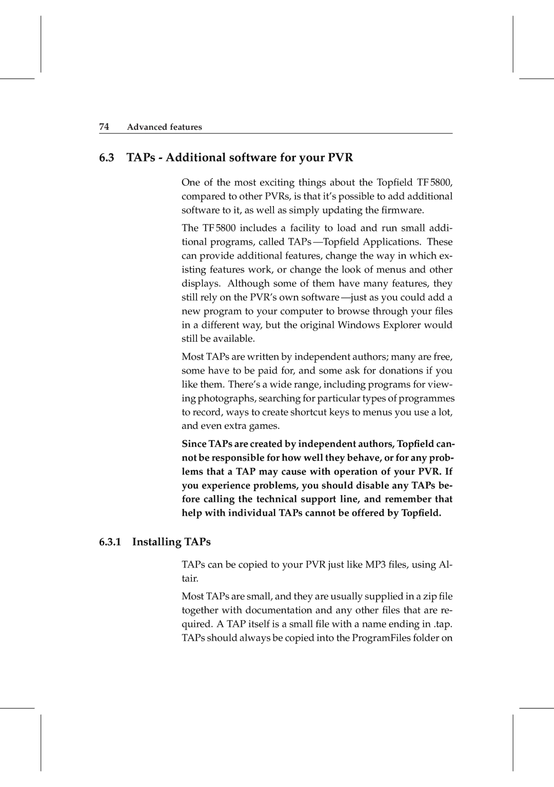 Topfield TF 5800 PVR user manual TAPs Additional software for your PVR, Installing TAPs 