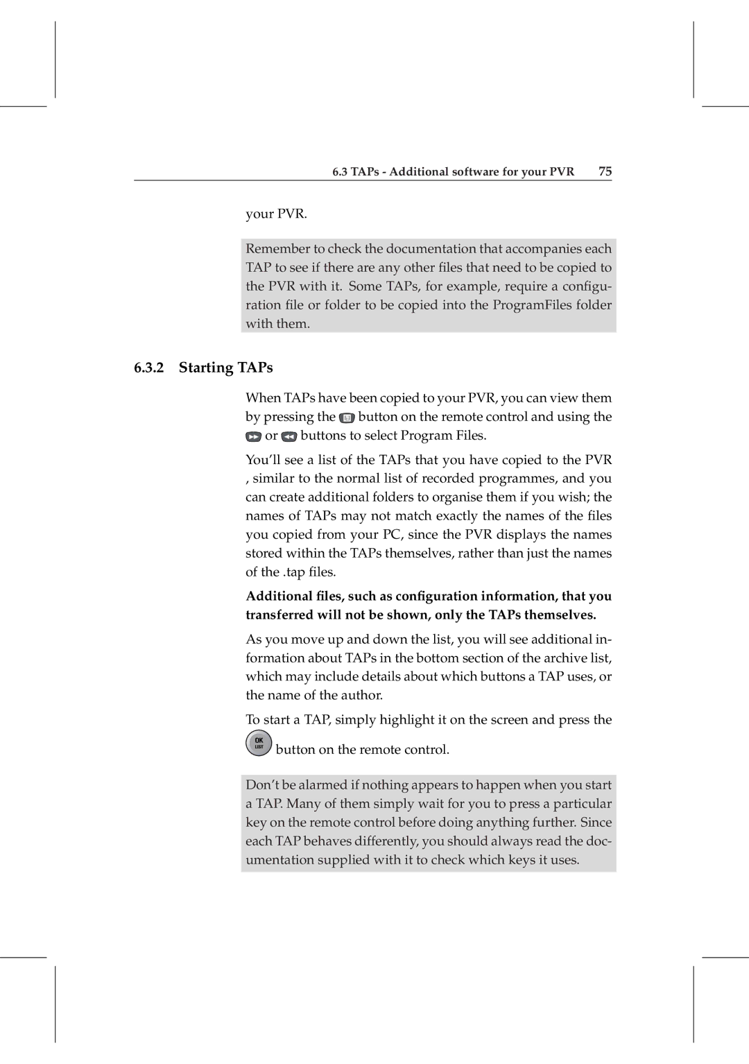 Topfield TF 5800 PVR user manual Starting TAPs 