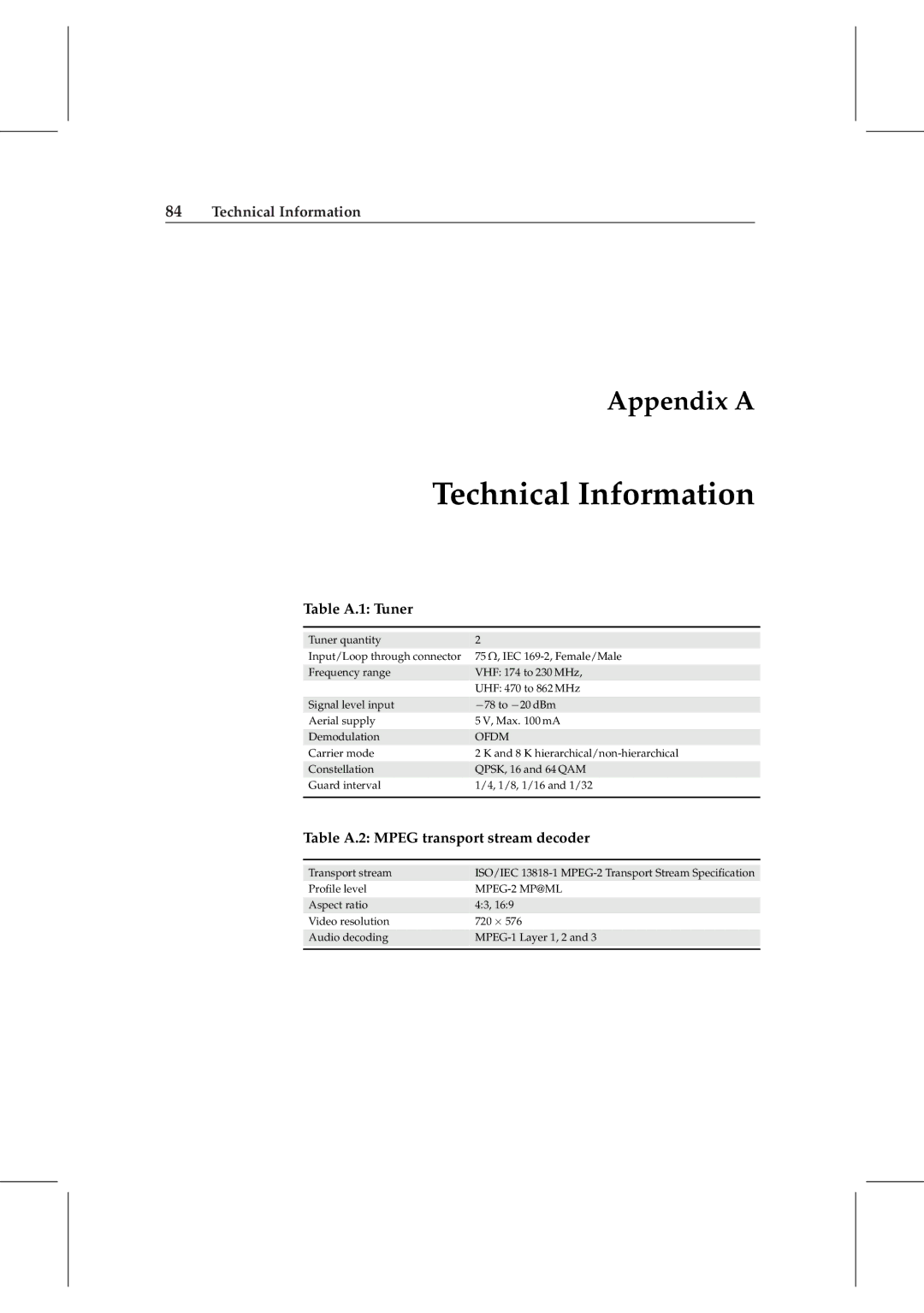 Topfield TF 5800 PVR user manual Technical Information 