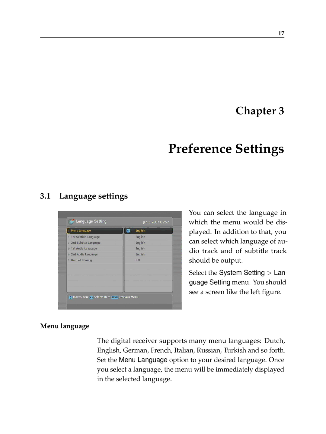 Topfield TF 600 PVRc manual Preference Settings, Language settings 