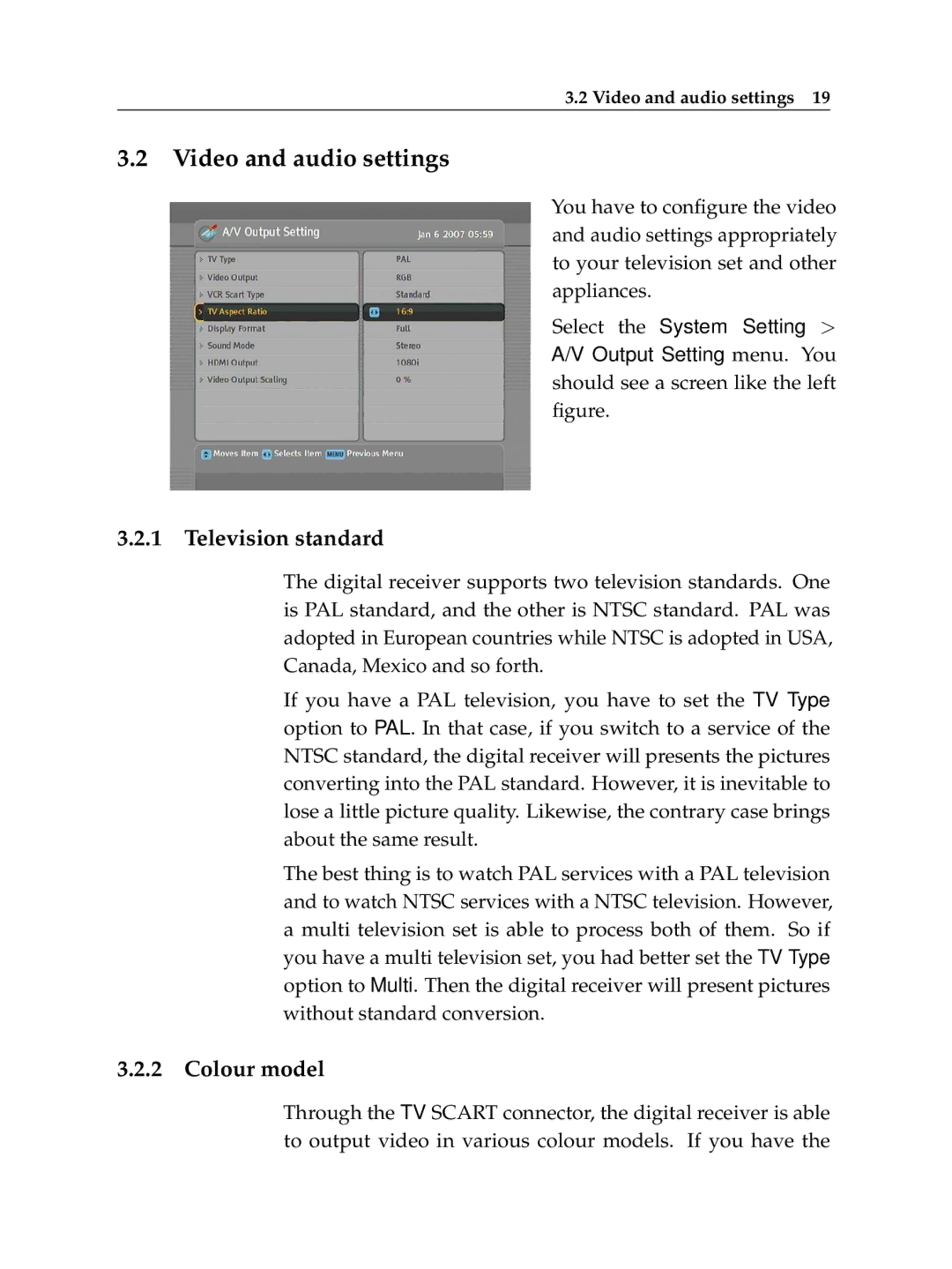 Topfield TF 600 PVRc manual Video and audio settings, Television standard, Colour model 