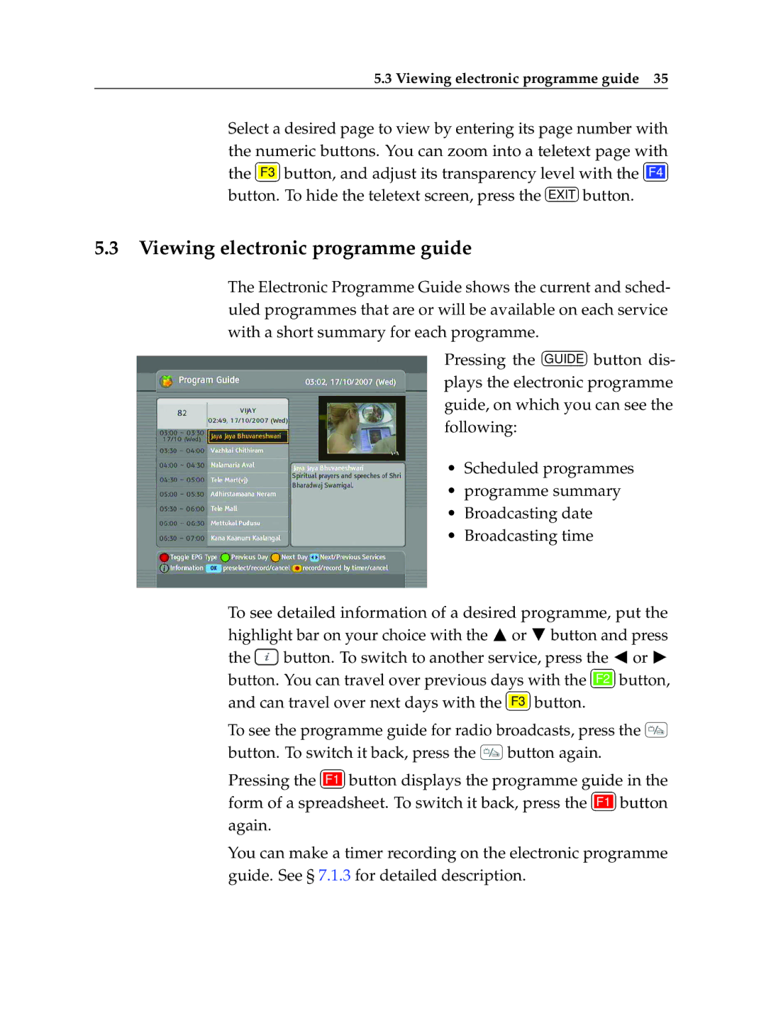 Topfield TF 600 PVRc manual Viewing electronic programme guide 