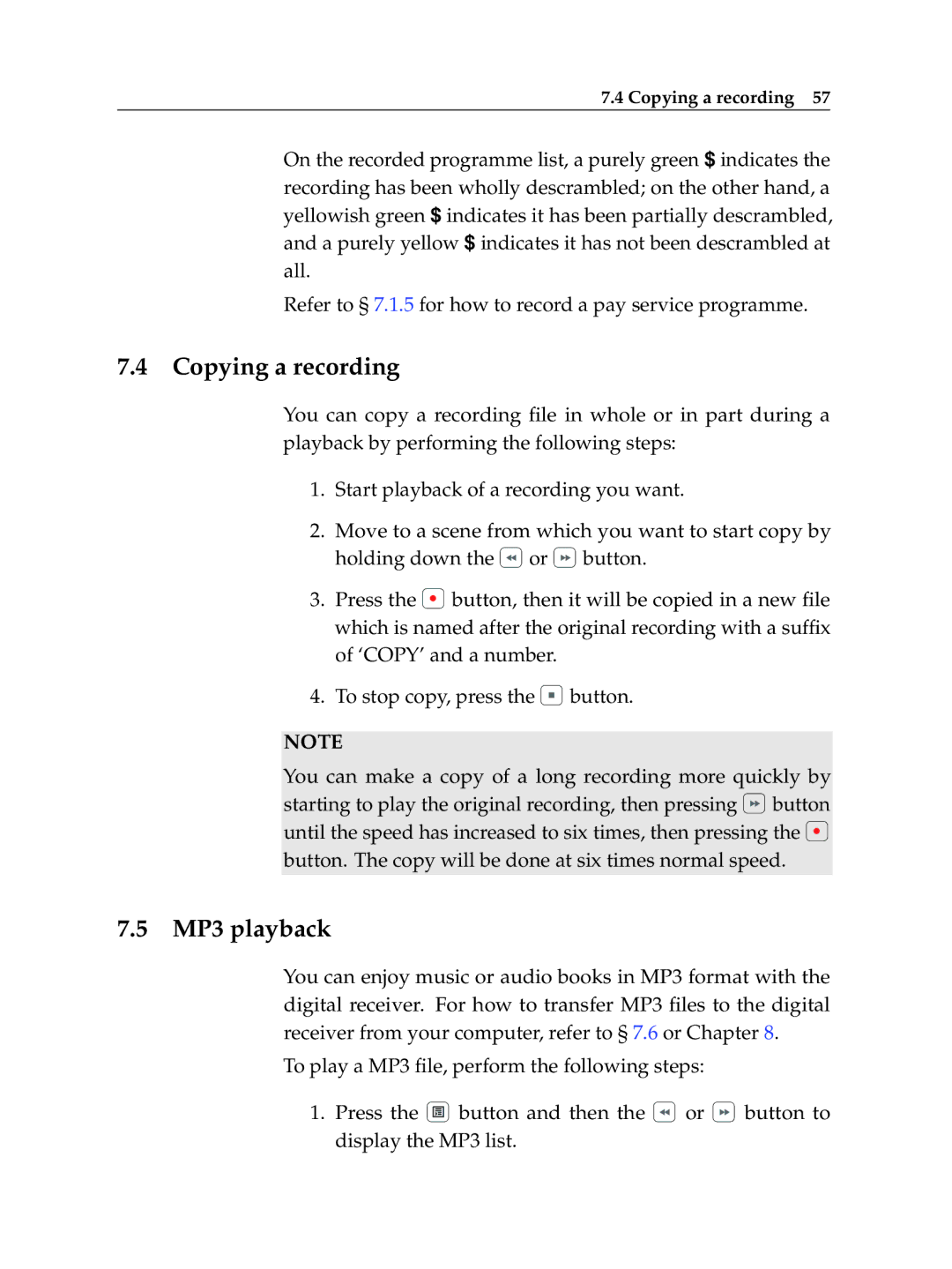 Topfield TF 600 PVRc manual Copying a recording, MP3 playback 