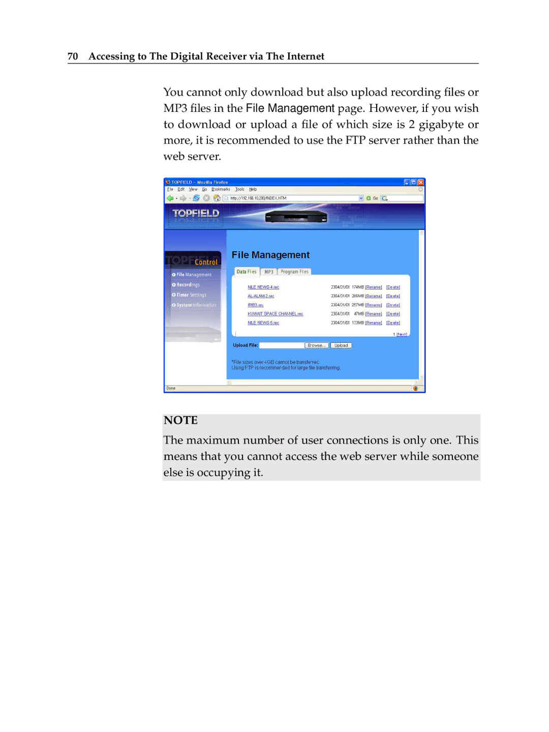 Topfield TF 600 PVRc manual Accessing to The Digital Receiver via The Internet 