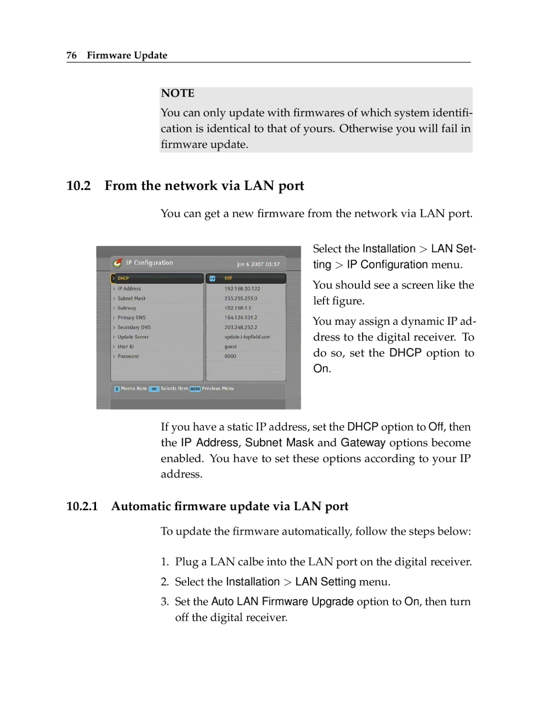 Topfield TF 600 PVRc manual From the network via LAN port, Automatic ﬁrmware update via LAN port 