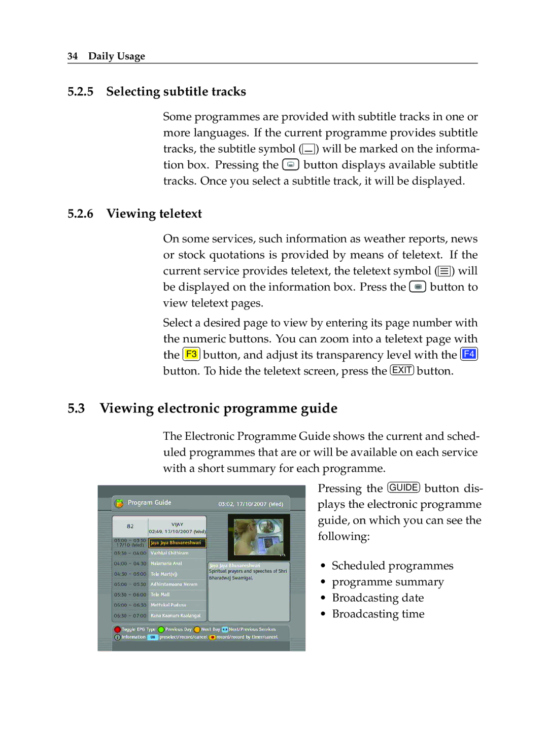 Topfield TF 600 PVRt manual Viewing electronic programme guide, Selecting subtitle tracks, Viewing teletext 