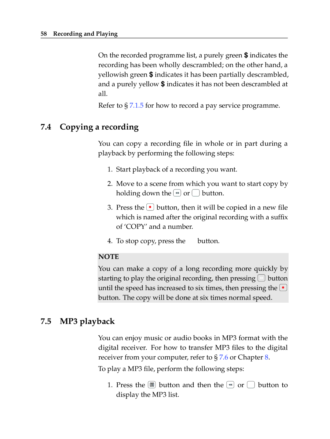 Topfield TF 600 PVRt manual Copying a recording, MP3 playback 