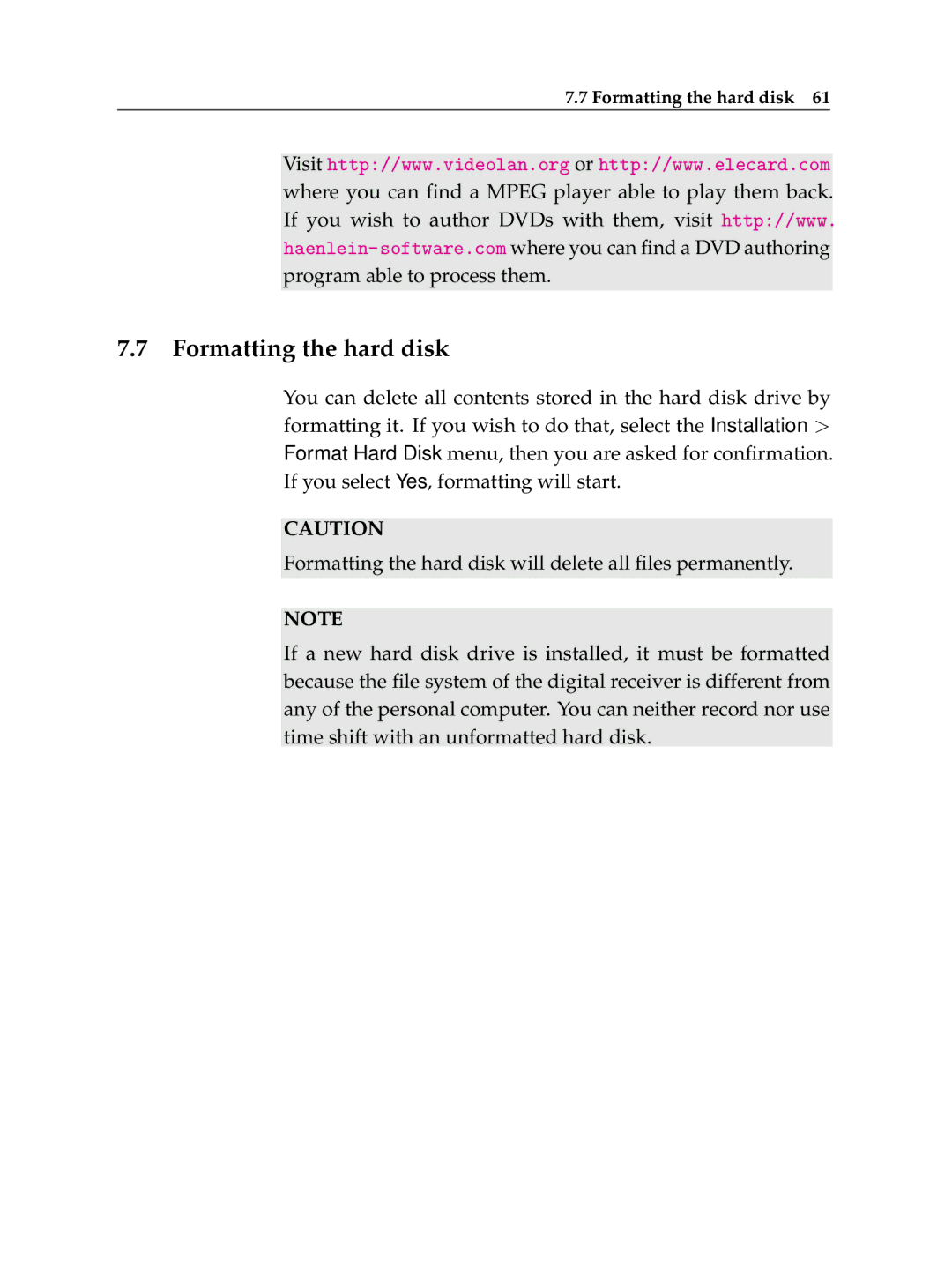 Topfield TF 600 PVRt manual Formatting the hard disk 