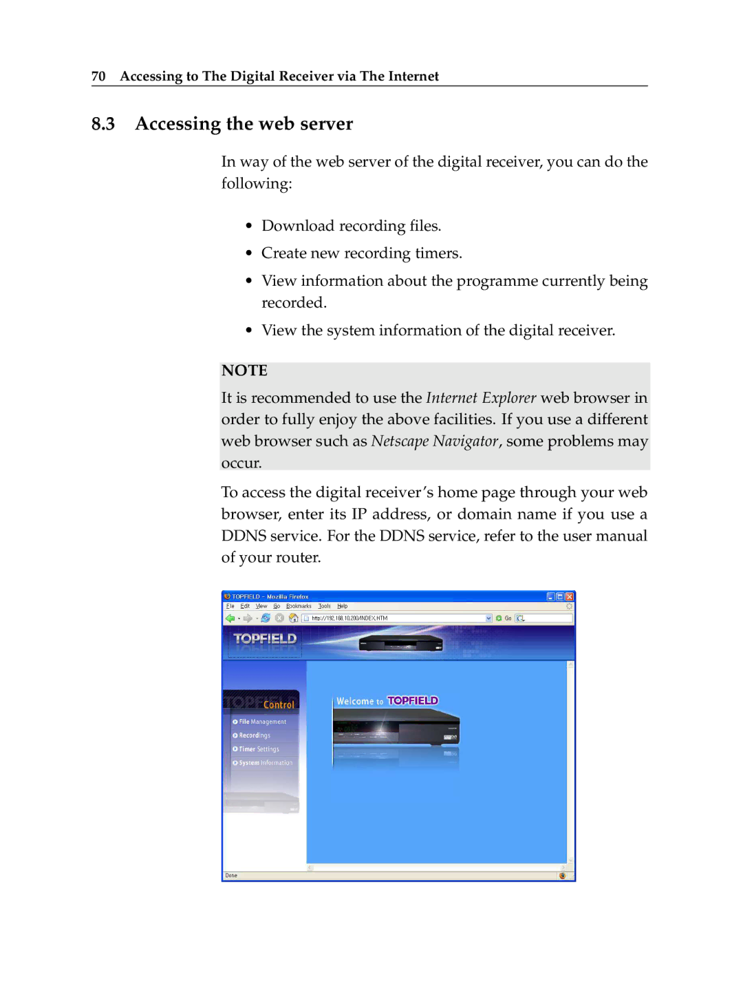 Topfield TF 600 PVRt manual Accessing the web server 