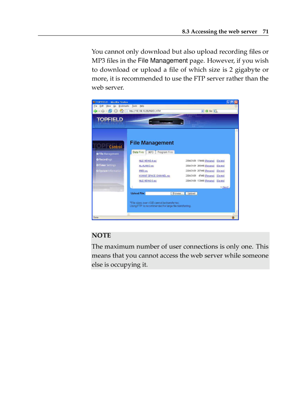 Topfield TF 600 PVRt manual Accessing the web server 