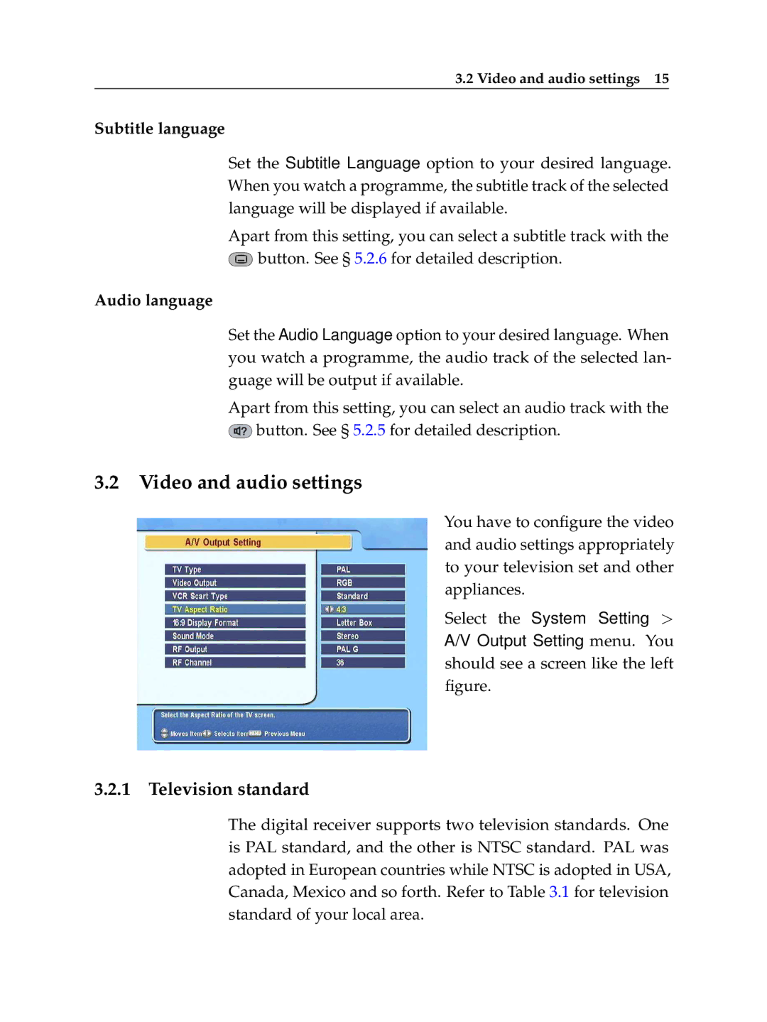 Topfield TF 6000 FE manual Video and audio settings, Television standard 