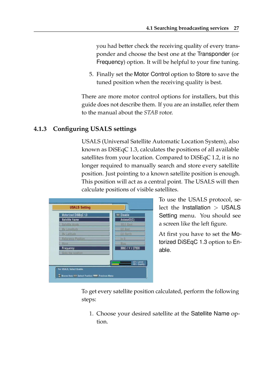 Topfield TF 6000 FE manual 3 Conﬁguring Usals settings 