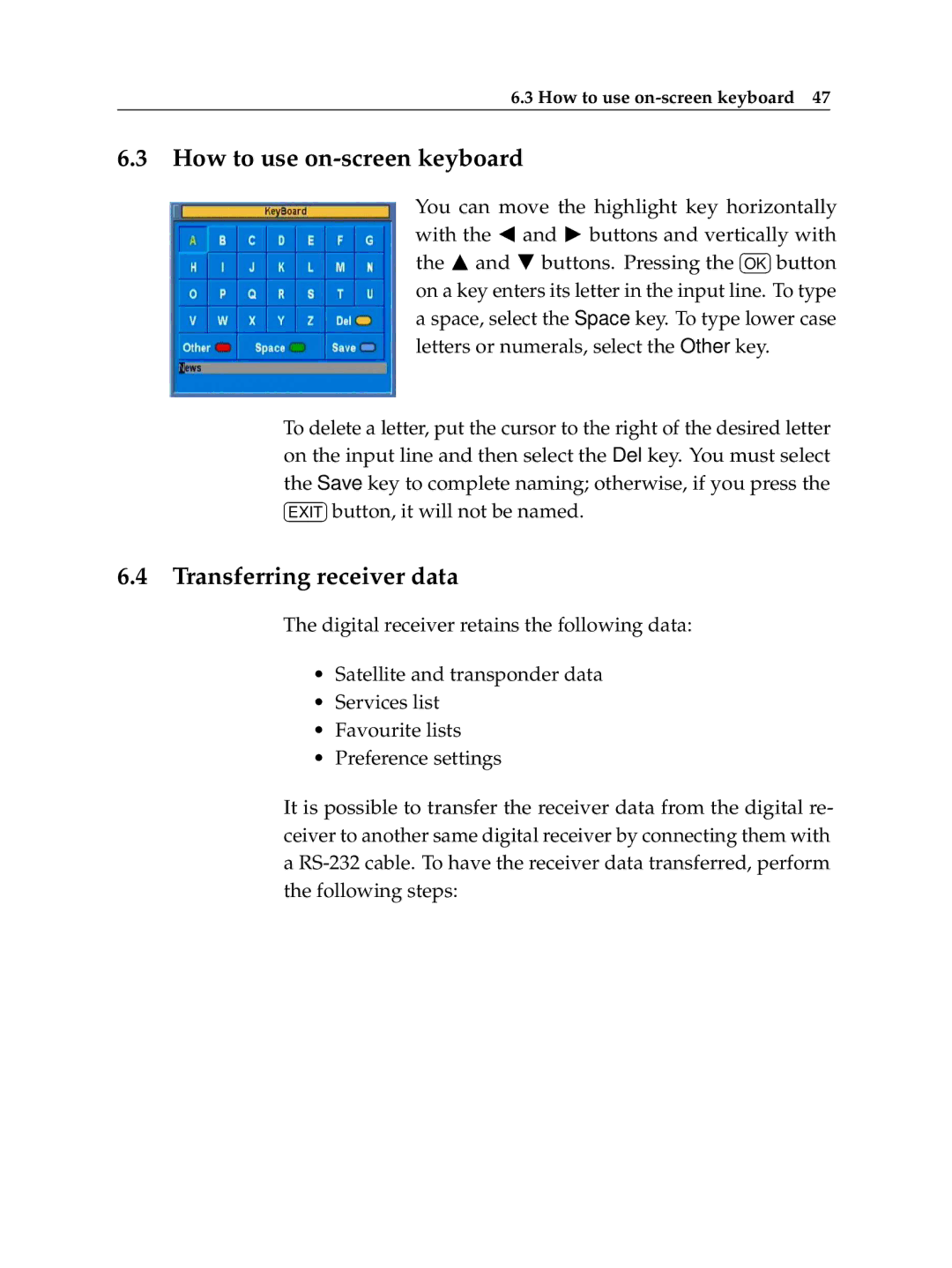 Topfield TF 6000 FE manual How to use on-screen keyboard, Transferring receiver data 