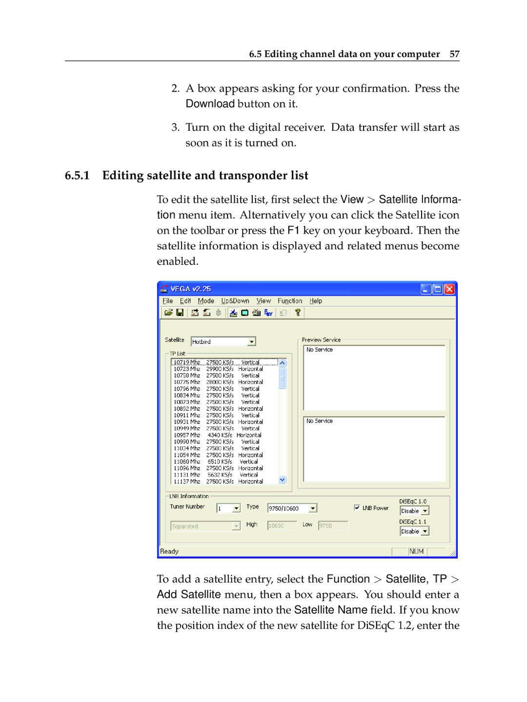 Topfield TF 6000 PVR ES manual Editing satellite and transponder list 