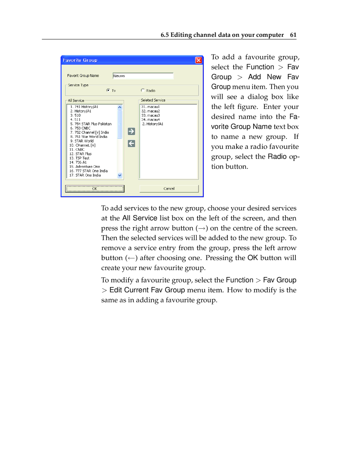 Topfield TF 6000 PVR ES manual Editing channel data on your computer 