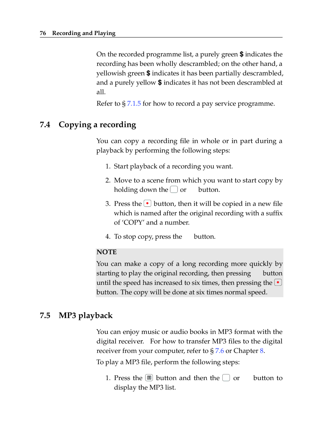 Topfield TF 6000 PVR ES manual Copying a recording, MP3 playback 