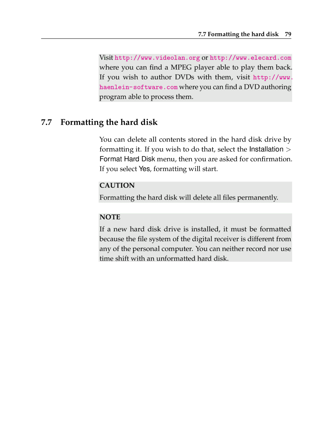 Topfield TF 6000 PVR ES manual Formatting the hard disk 