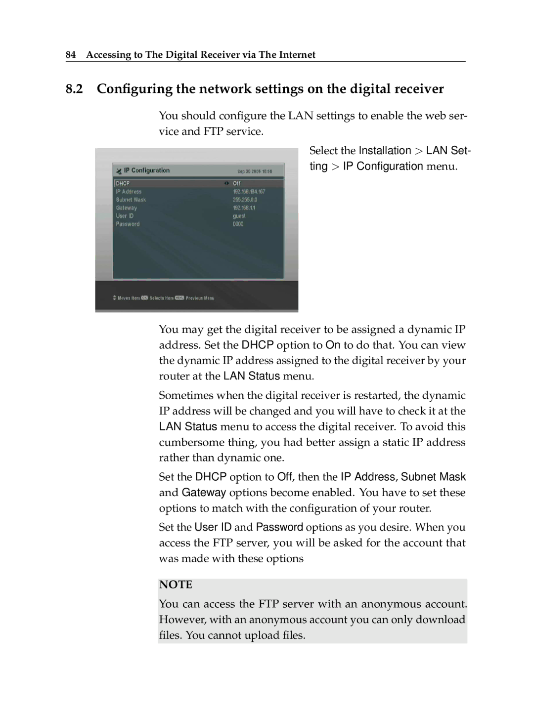 Topfield TF 6000 PVR ES manual Conﬁguring the network settings on the digital receiver 