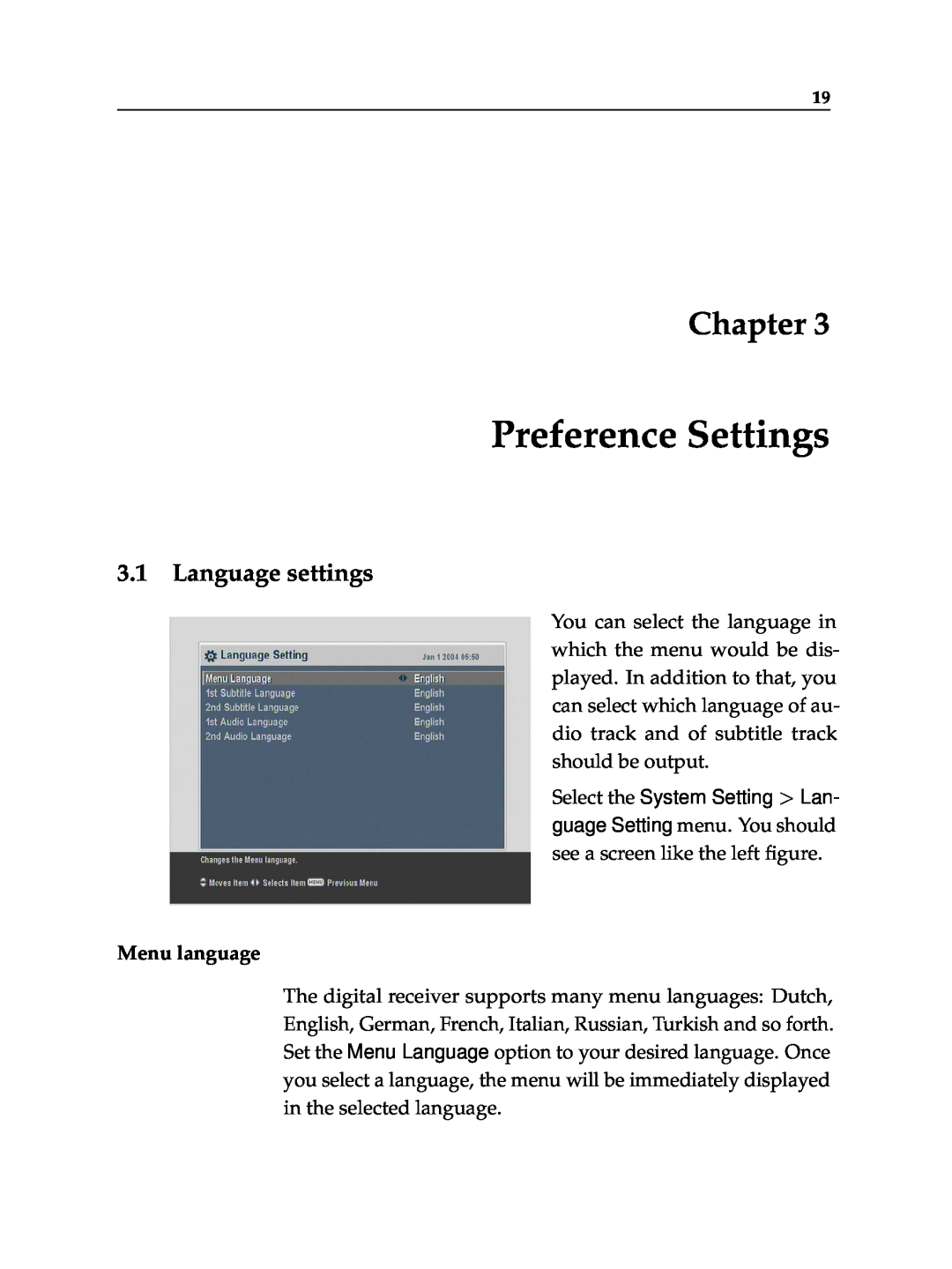 Topfield TF 6000 PVR ES manual Preference Settings, Language settings, Menu language, Chapter 