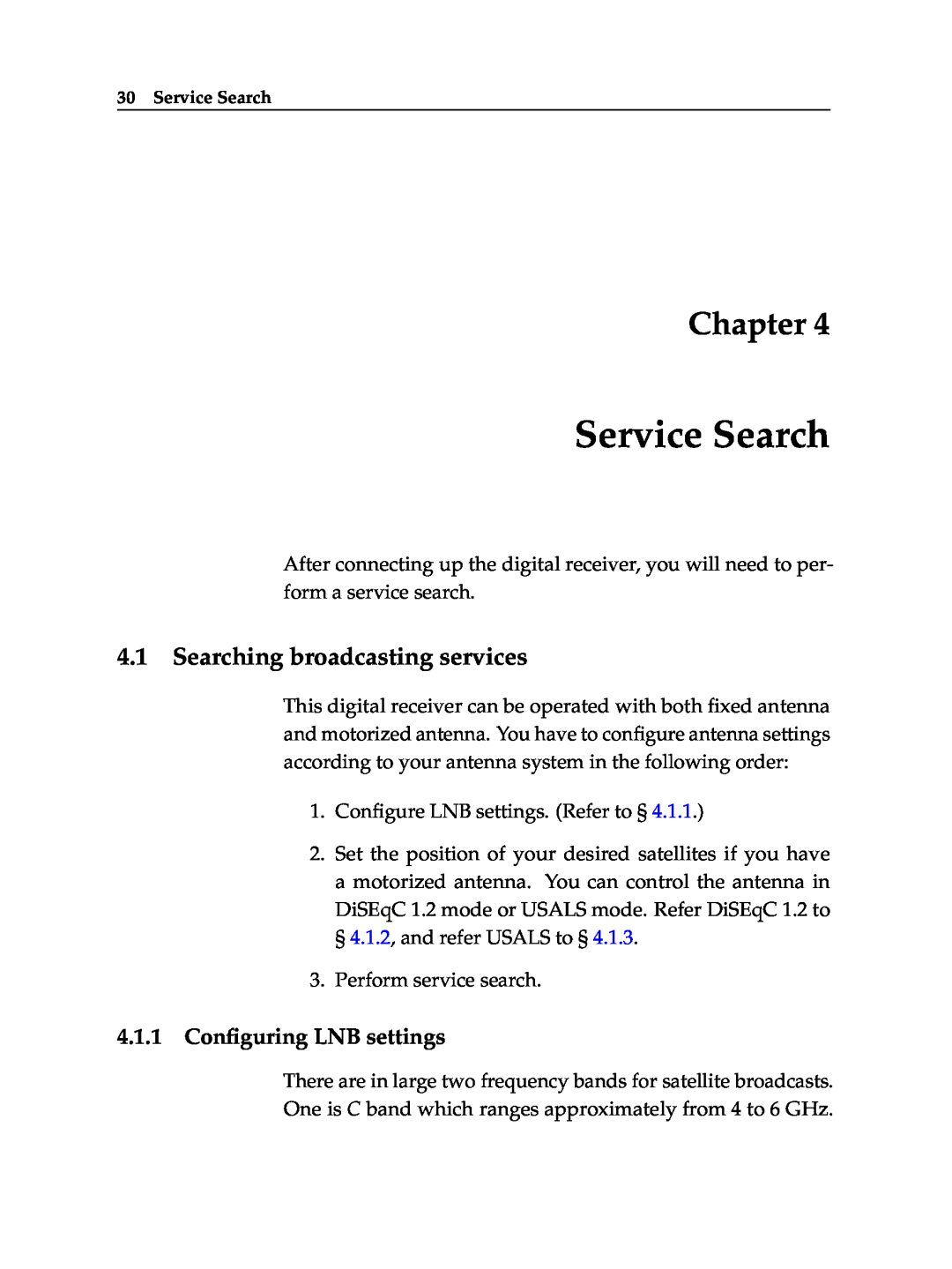 Topfield TF 6000 PVR ES manual Service Search, Searching broadcasting services, 4.1.1 Conﬁguring LNB settings, Chapter 