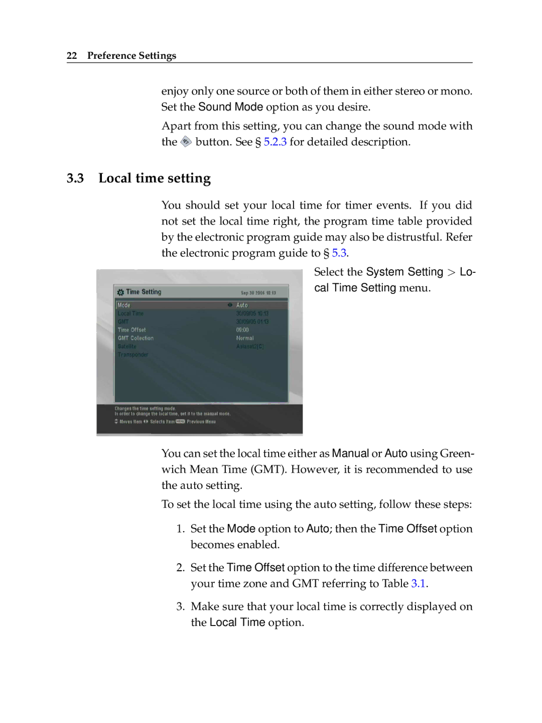 Topfield TF 6000 PVR manual Local time setting 