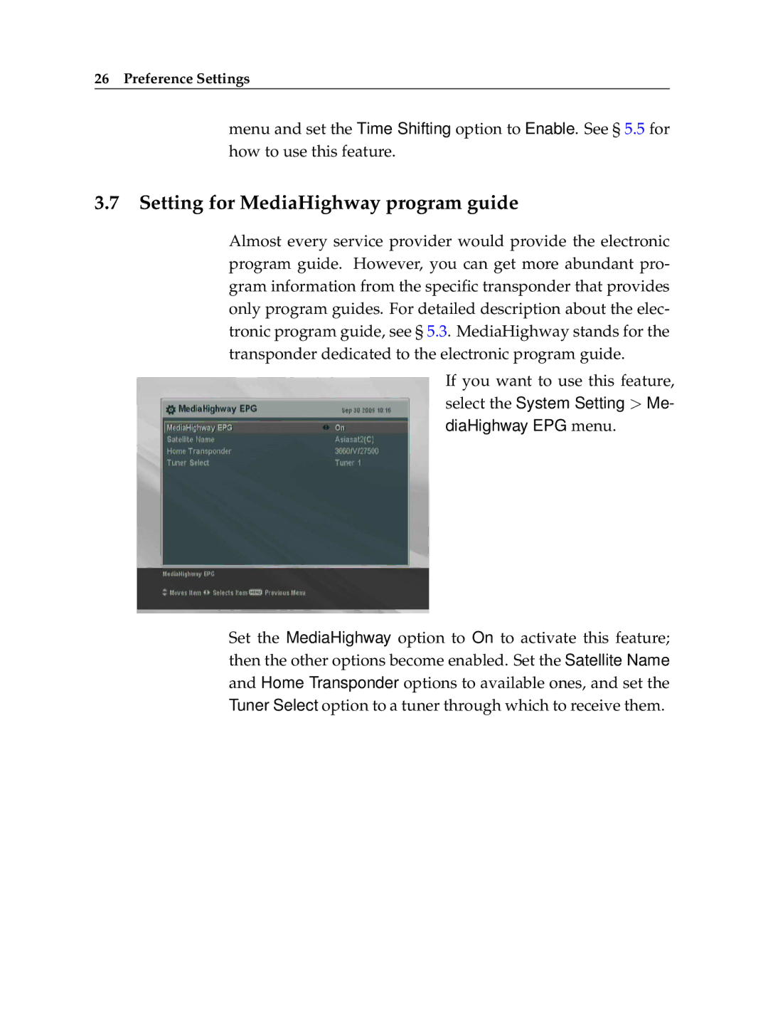 Topfield TF 6000 PVR manual Setting for MediaHighway program guide 