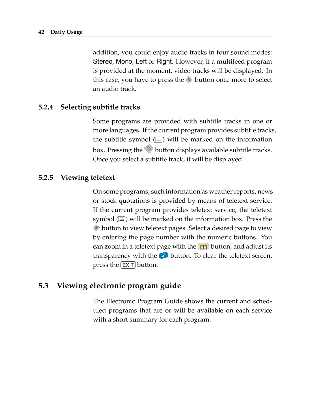 Topfield TF 6000 PVR manual Viewing electronic program guide, Selecting subtitle tracks, Viewing teletext 