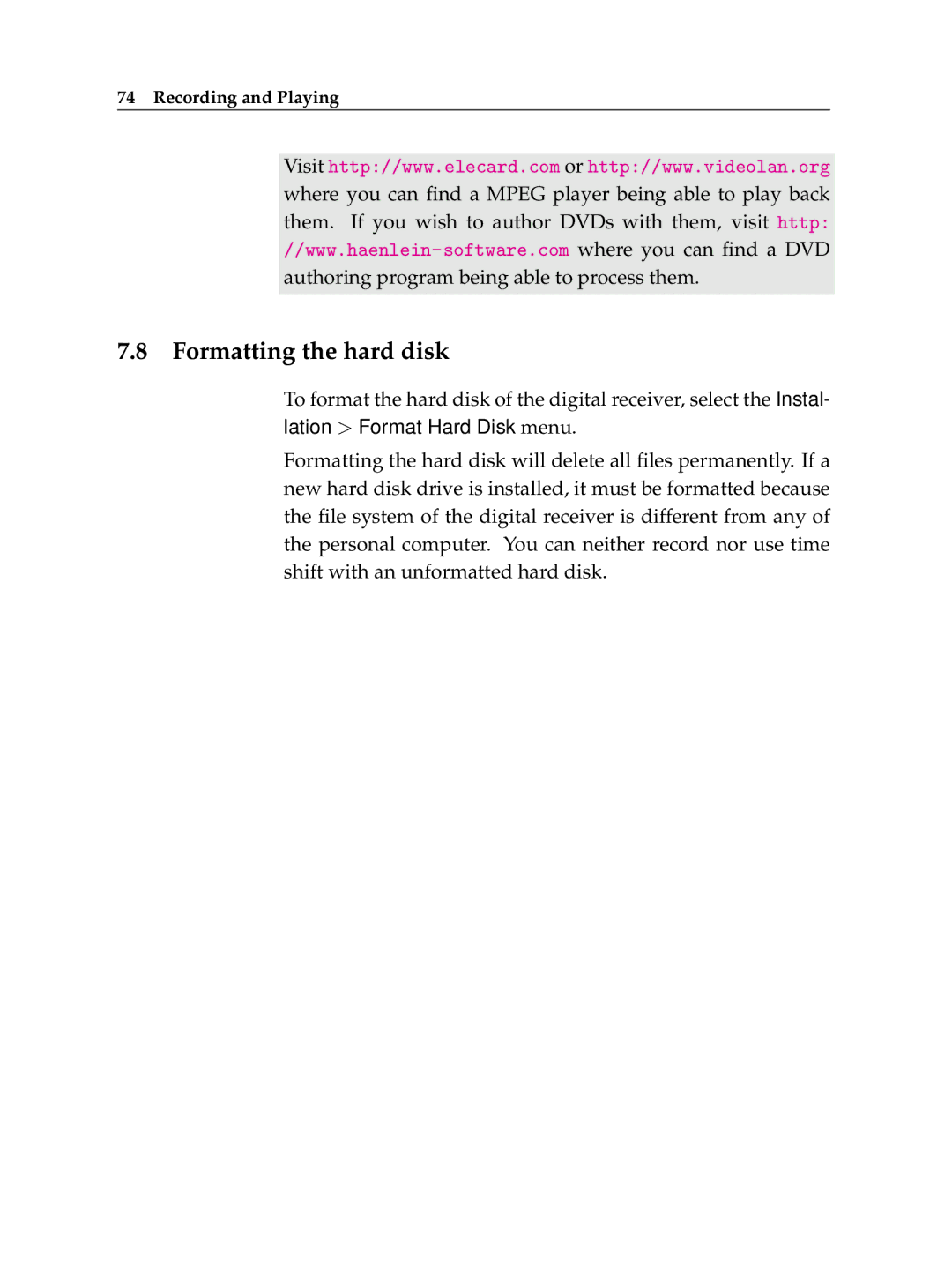 Topfield TF 6000 PVR manual Formatting the hard disk 