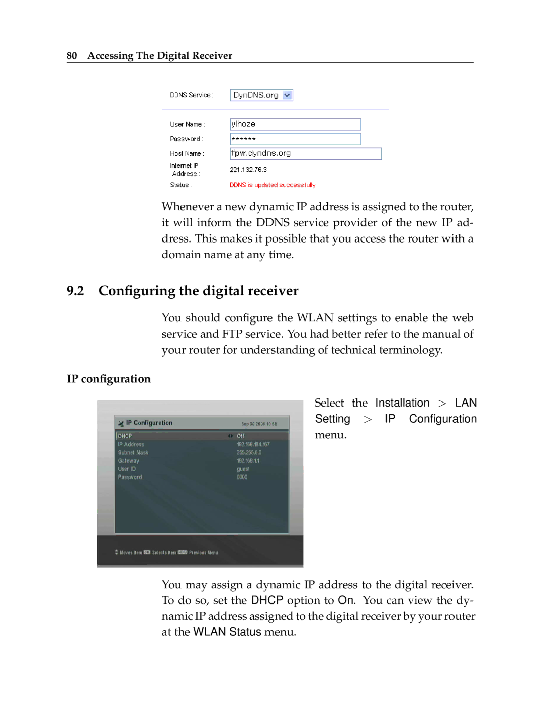 Topfield TF 6000 PVR manual Conﬁguring the digital receiver, IP conﬁguration 