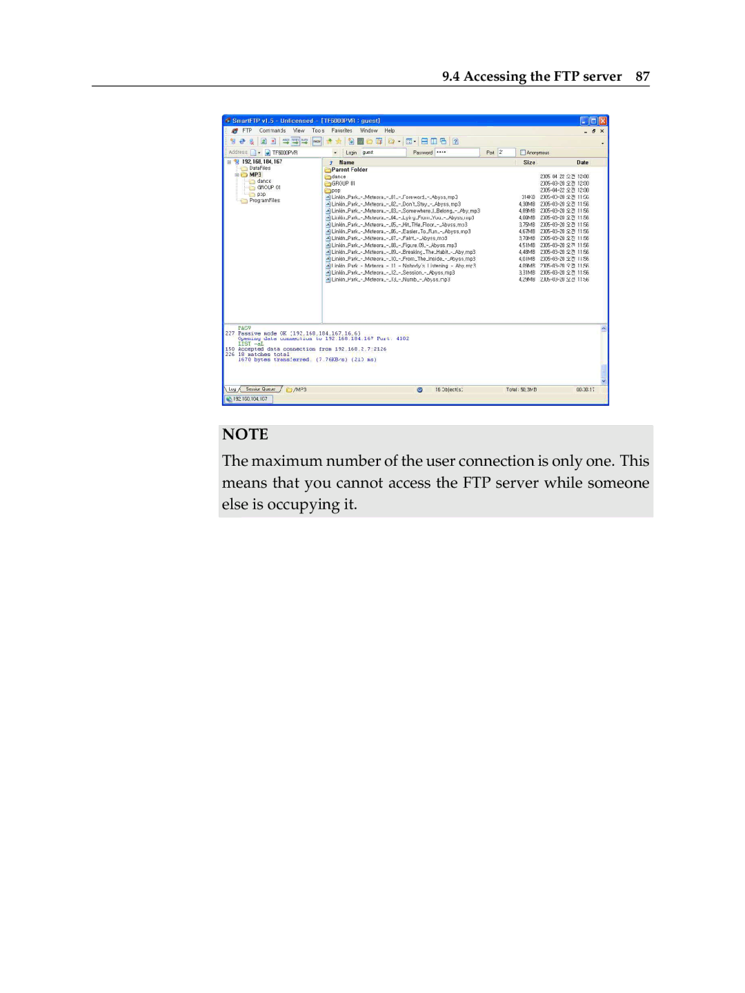 Topfield TF 6000 PVR manual Accessing the FTP server 