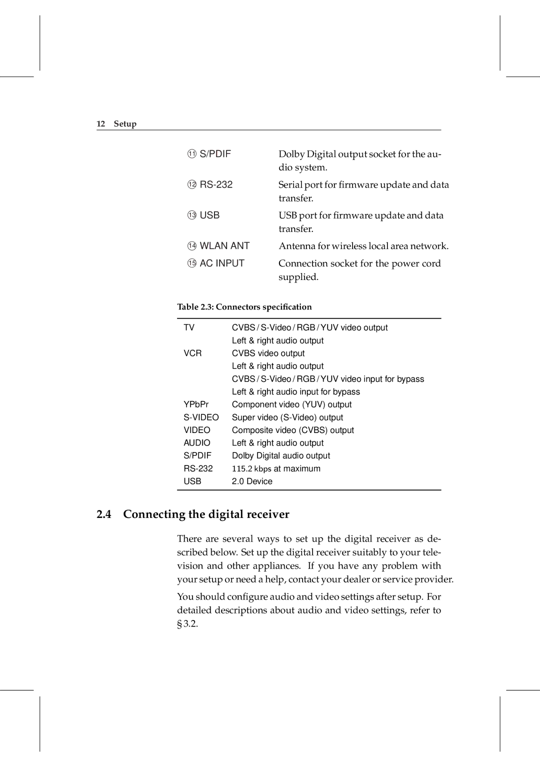 Topfield TF 6000 PVRt manual Connecting the digital receiver, ⃝ S/Pdif 