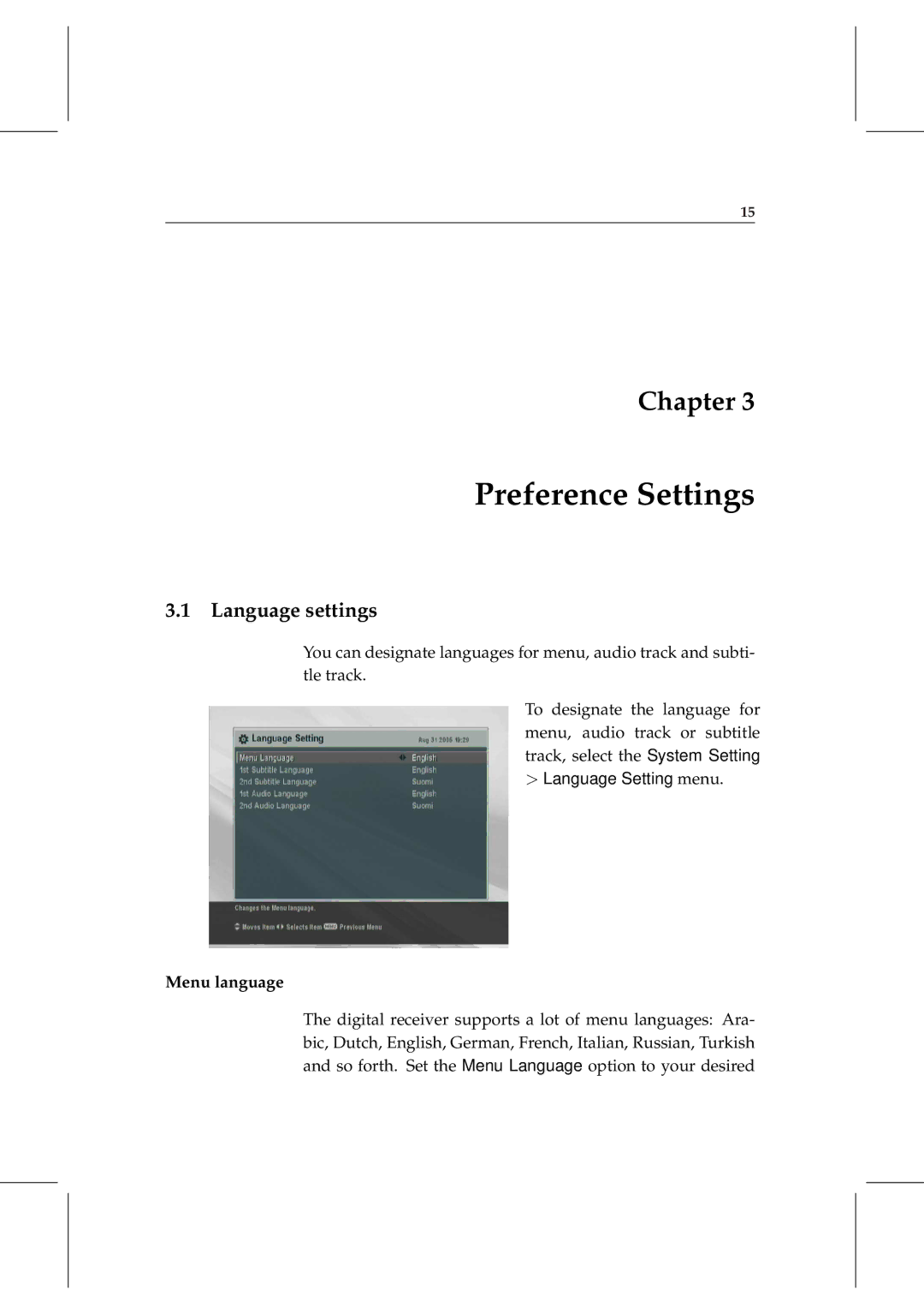 Topfield TF 6000 PVRt manual Preference Settings, Language settings, Menu language 