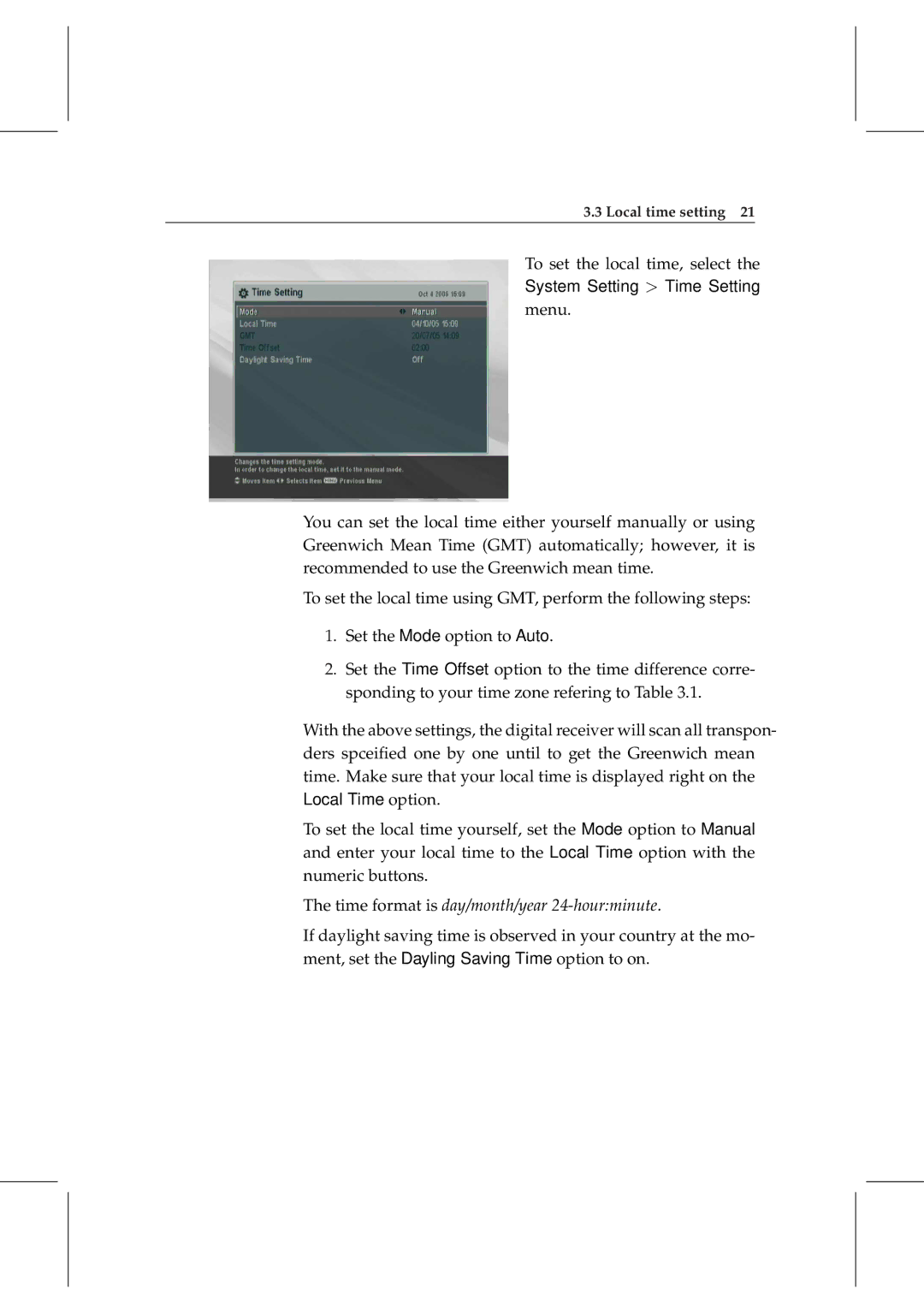 Topfield TF 6000 PVRt manual System Setting Time Setting 