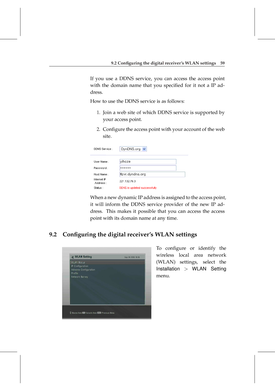 Topfield TF 6000 PVRt manual Conﬁguring the digital receiver’s Wlan settings 