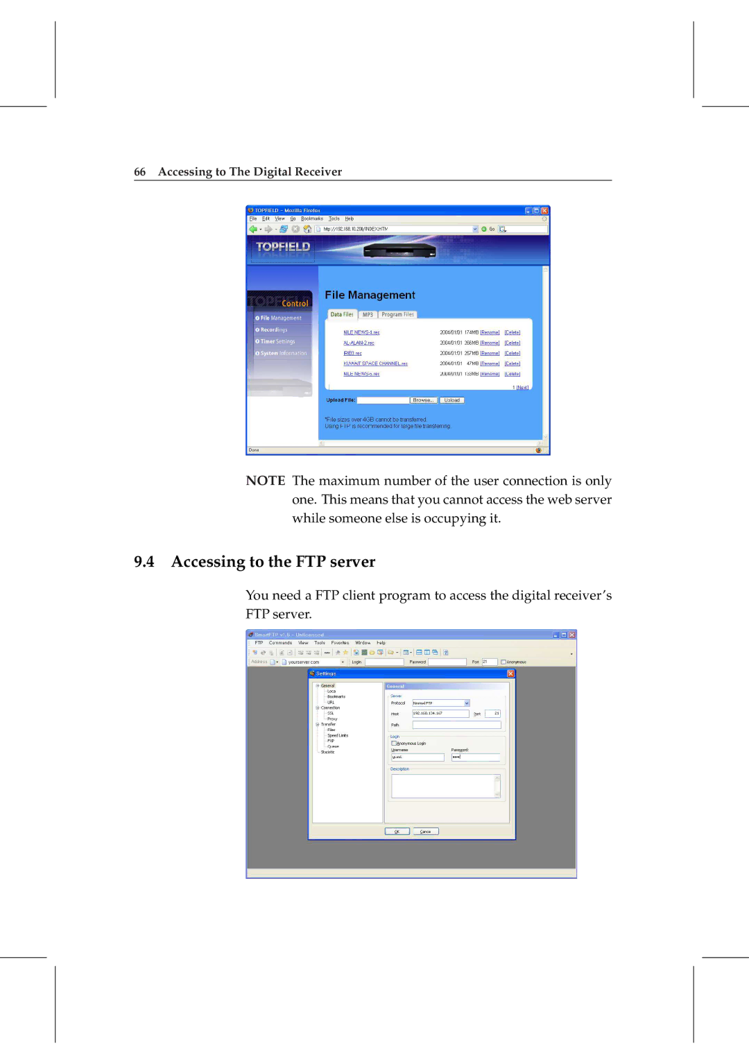 Topfield TF 6000 PVRt manual Accessing to the FTP server 