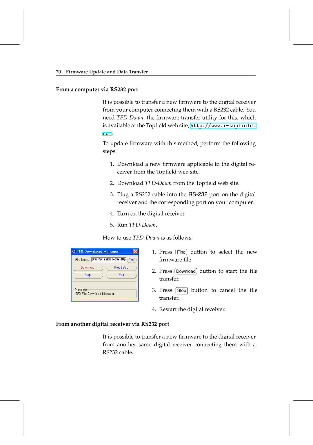 Topfield TF 6000 PVRt manual From a computer via RS232 port, From another digital receiver via RS232 port 