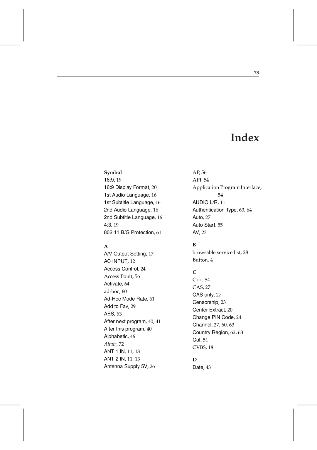 Topfield TF 6000 PVRt manual Index, Symbol 