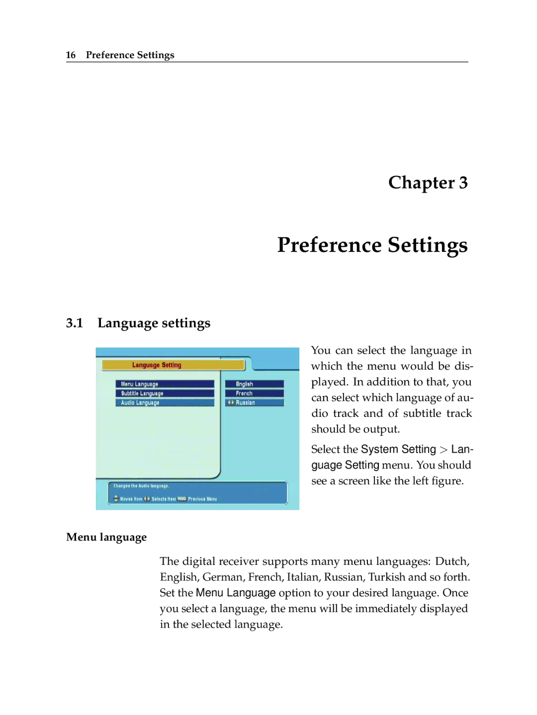 Topfield TF 6060 CI manual Preference Settings, Language settings 