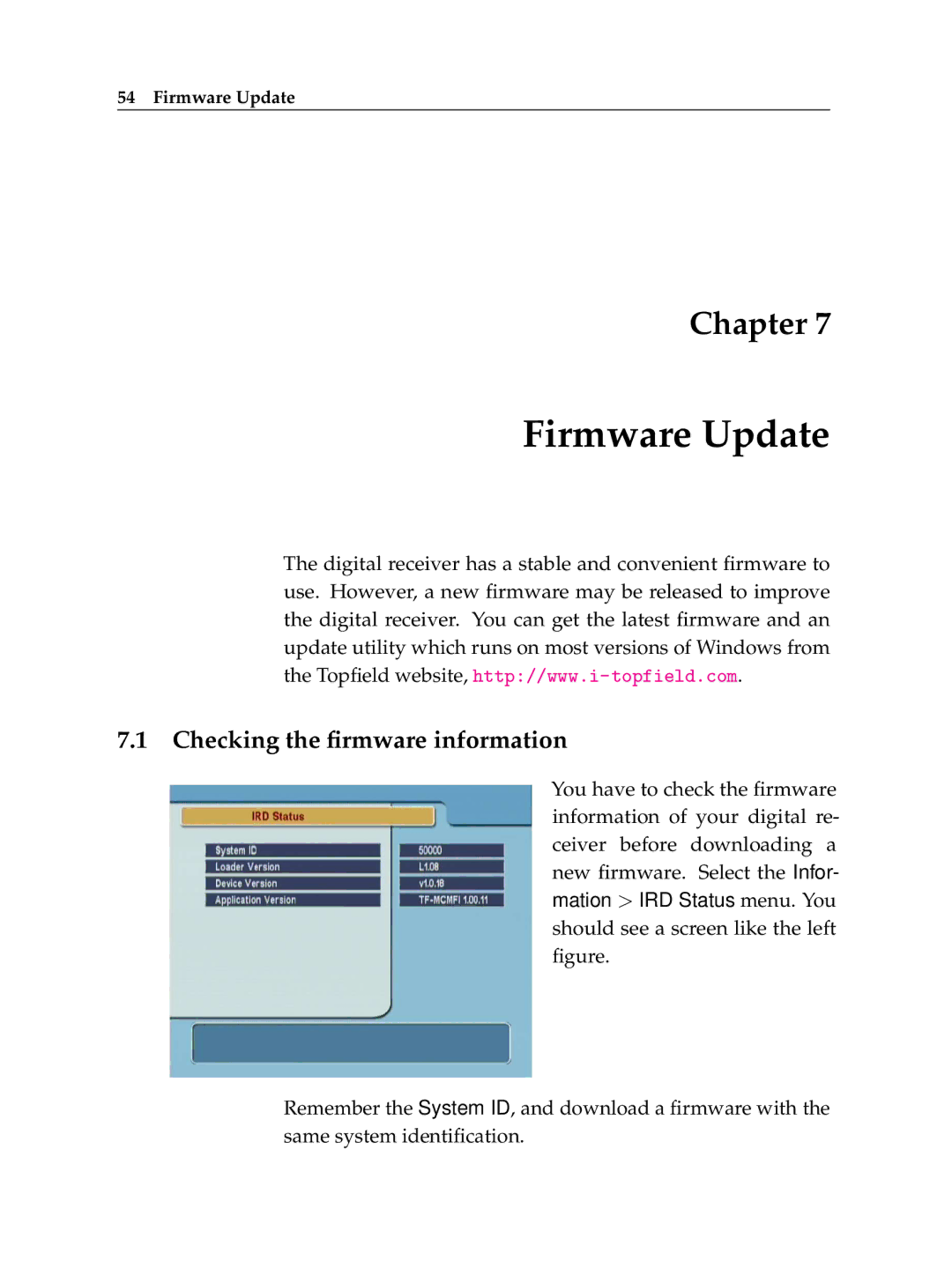 Topfield TF 6060 CI manual Firmware Update, Checking the ﬁrmware information 