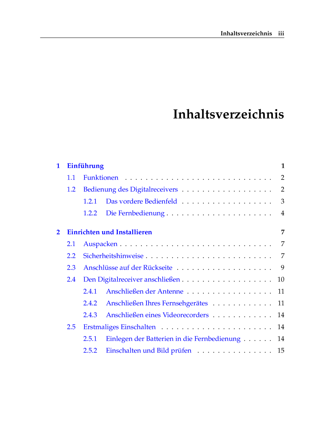 Topfield TF 6100 CR manual Inhaltsverzeichnis, Einrichten und Installieren 