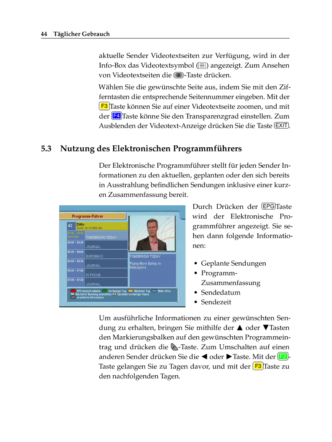 Topfield TF 6100 CR manual Nutzung des Elektronischen Programmführers 