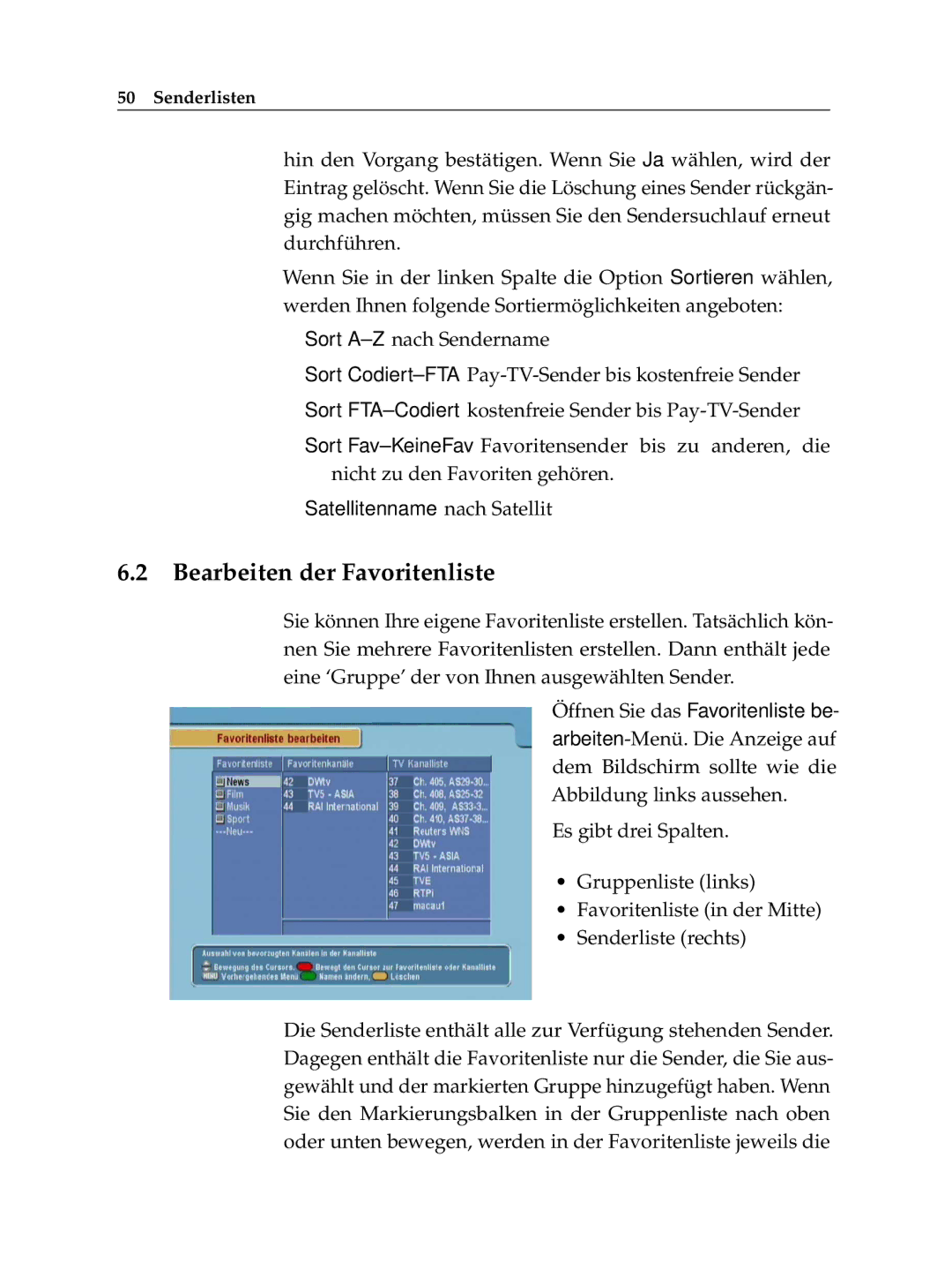 Topfield TF 6100 CR manual Bearbeiten der Favoritenliste 