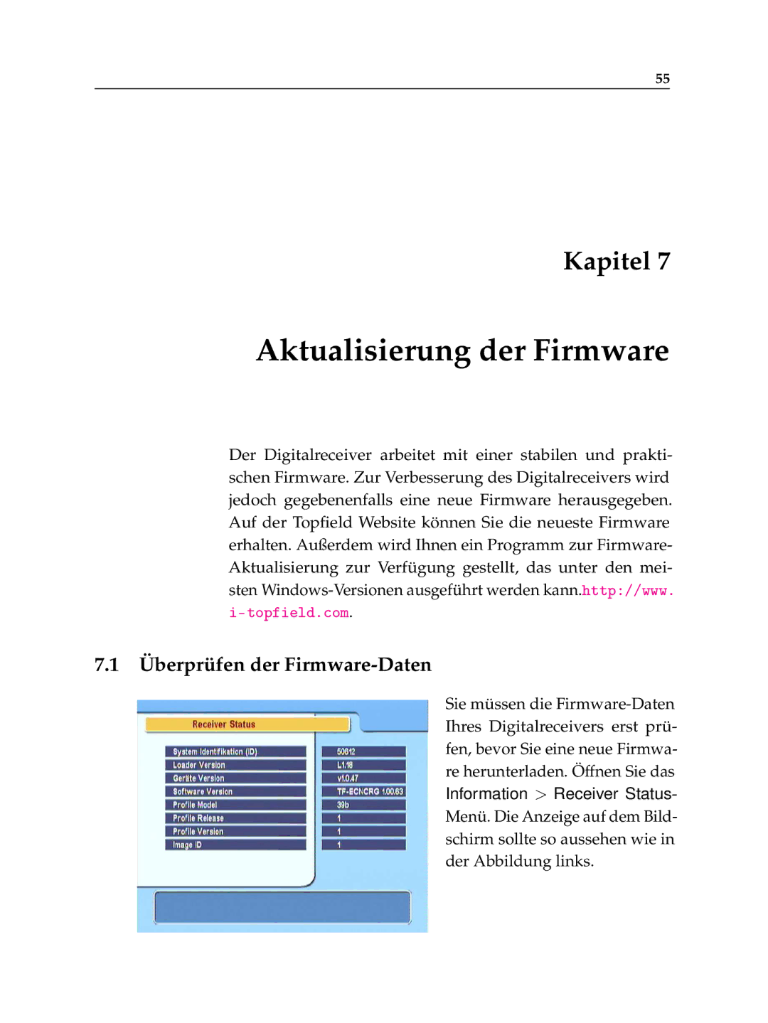 Topfield TF 6100 CR manual Aktualisierung der Firmware, Überprüfen der Firmware-Daten 