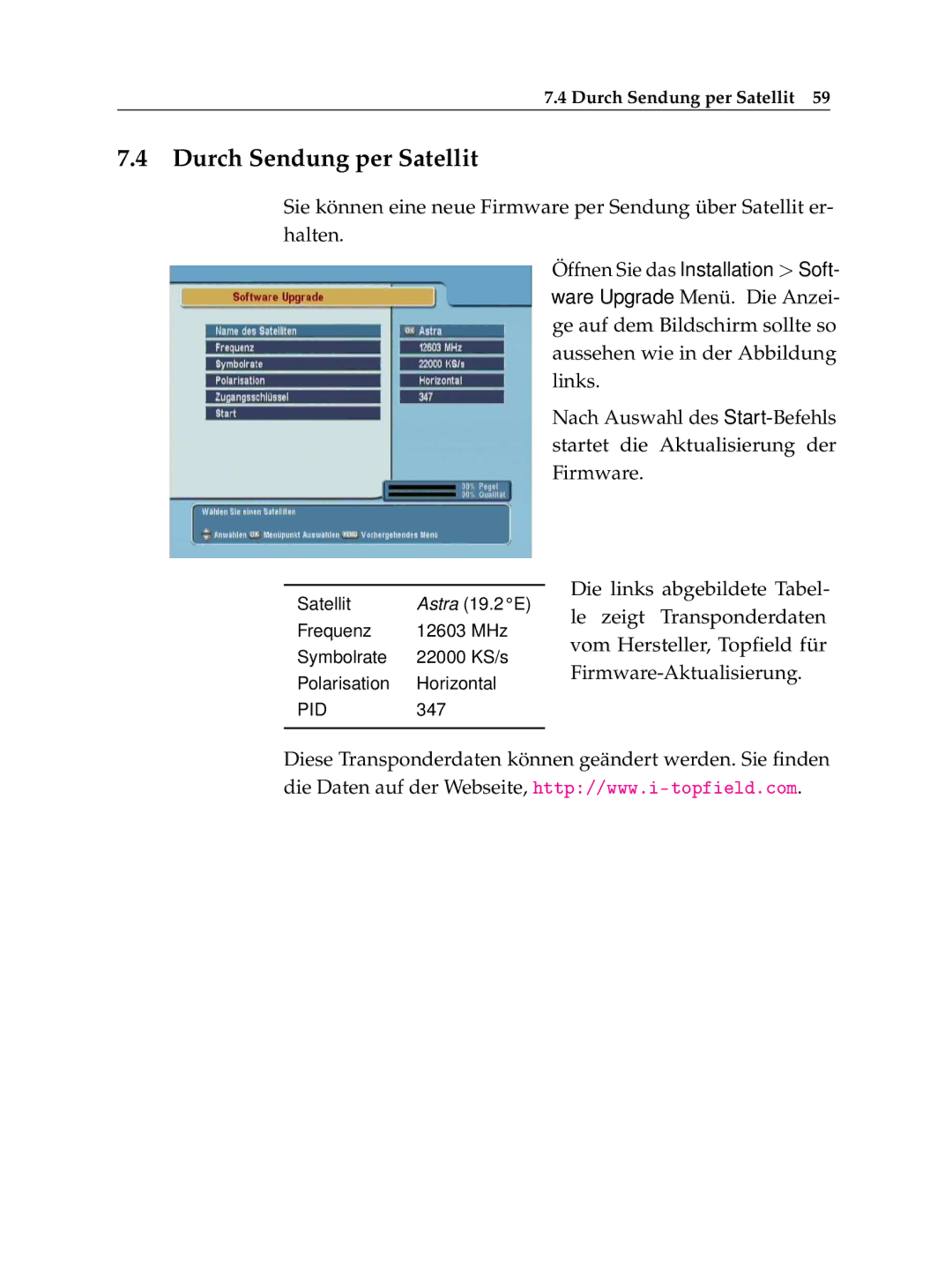 Topfield TF 6100 CR manual Durch Sendung per Satellit 