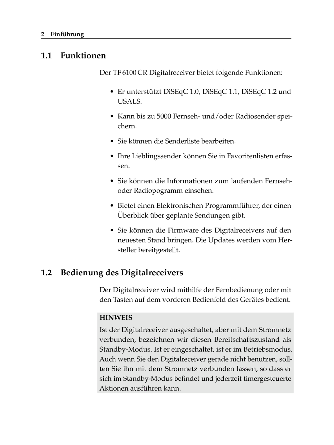 Topfield TF 6100 CR manual Funktionen, Bedienung des Digitalreceivers 