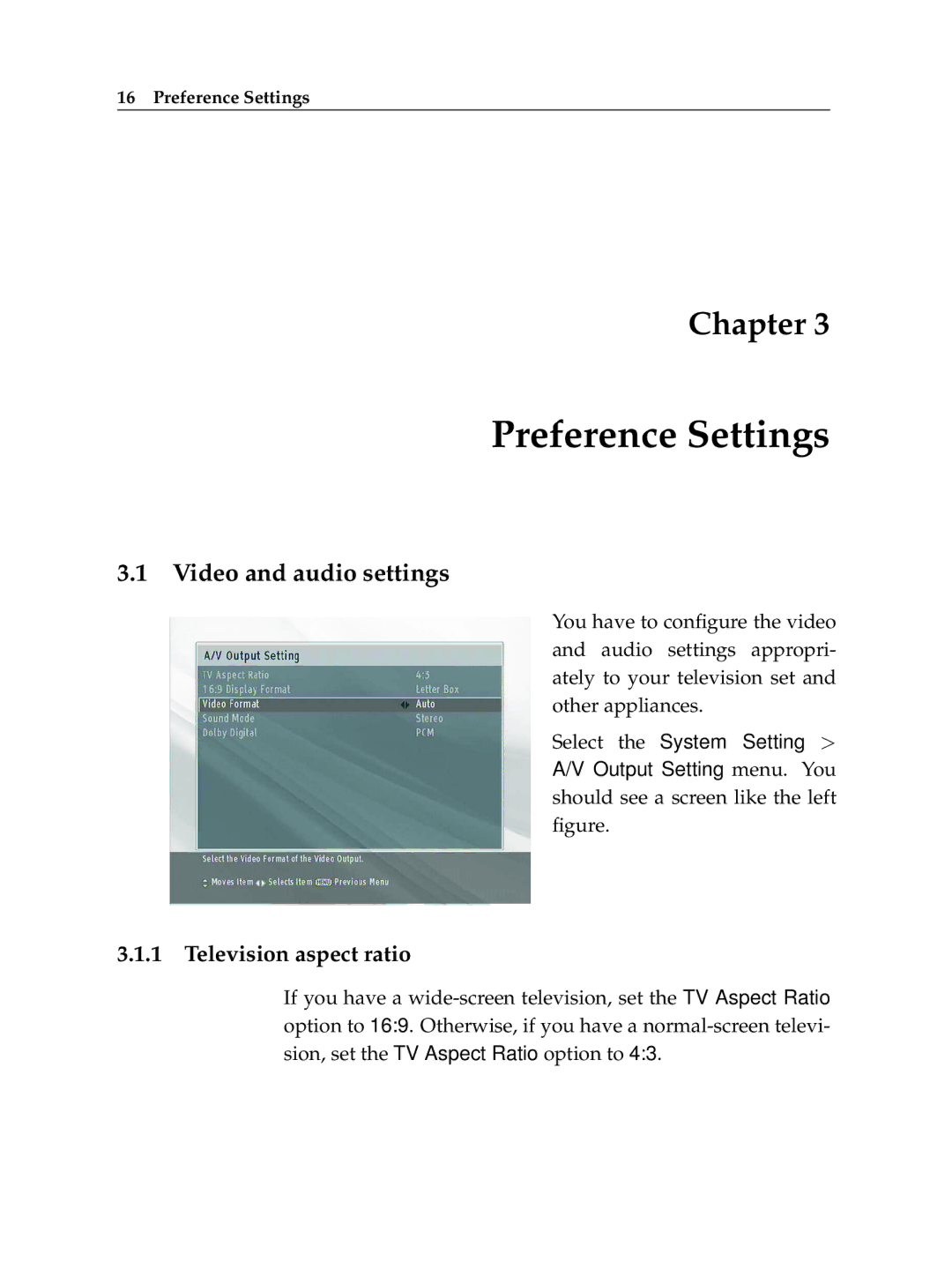 Topfield TF 7000 HD PVRt manual Preference Settings, Video and audio settings, Television aspect ratio 