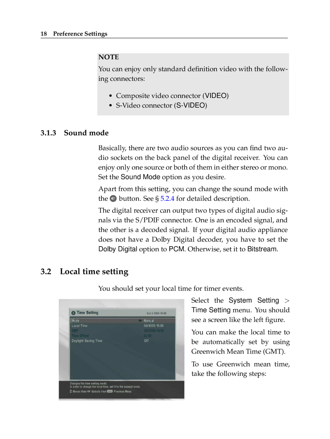 Topfield TF 7000 HD PVRt manual Local time setting, Sound mode 